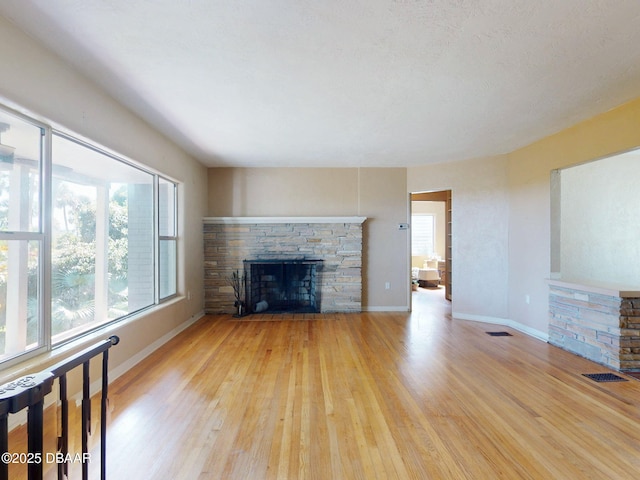 unfurnished living room featuring light hardwood / wood-style flooring and a fireplace