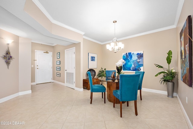 tiled dining area with ornamental molding and an inviting chandelier