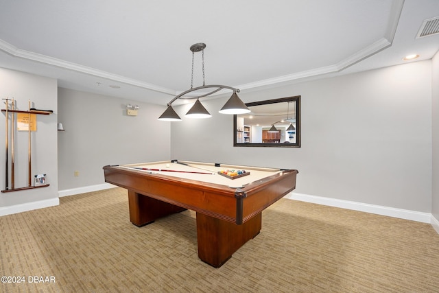 playroom featuring light colored carpet, pool table, and ornamental molding