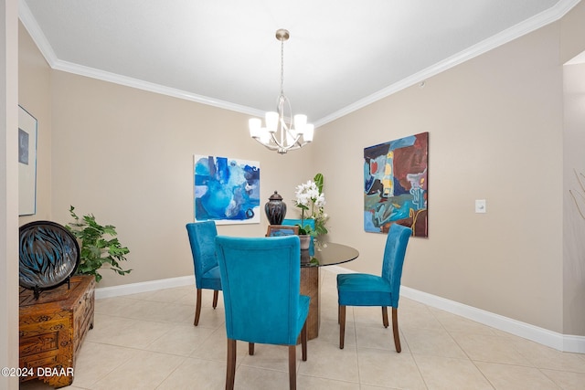 tiled dining area featuring a chandelier and crown molding