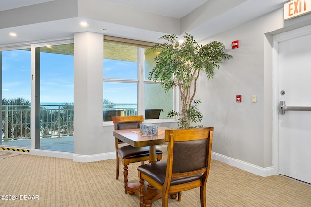 dining area featuring light carpet