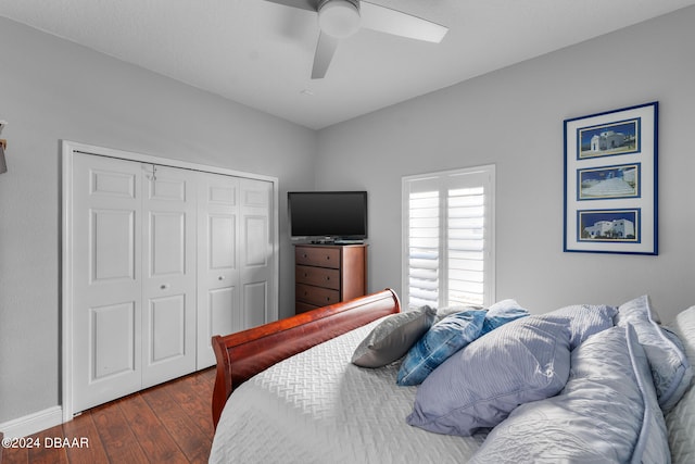 bedroom featuring dark hardwood / wood-style flooring, ceiling fan, and a closet