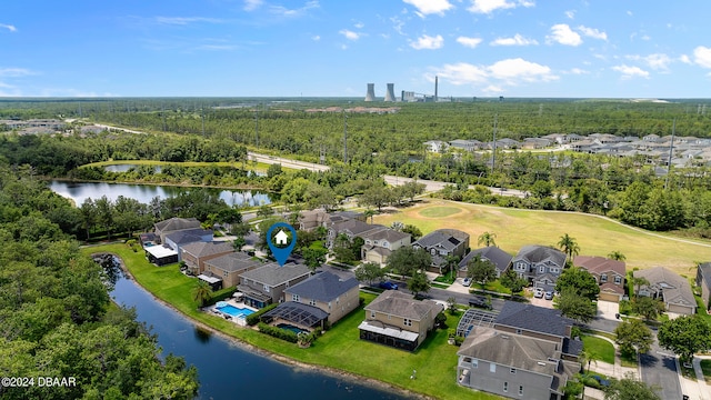 birds eye view of property featuring a water view