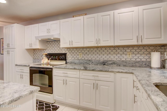 2051 Cornell Pl Unit 26, Port Orange, FL 32128 - kitchen featuring electric range oven, under cabinet range hood, white cabinets, and tasteful backsplash