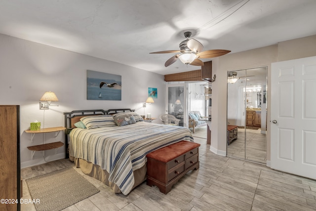 bedroom with ceiling fan and a closet