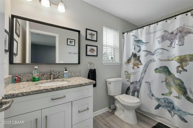 bathroom with hardwood / wood-style floors, vanity, toilet, and a shower with shower curtain