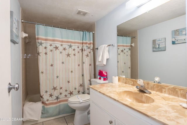 full bathroom featuring vanity, tile patterned floors, toilet, and shower / bathtub combination with curtain