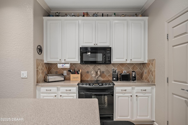 kitchen with ornamental molding, white cabinets, backsplash, and black appliances