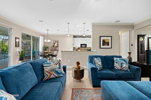 living room featuring crown molding and light tile patterned floors