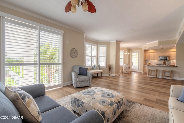 living room featuring a textured ceiling, ceiling fan with notable chandelier, light hardwood / wood-style floors, and crown molding