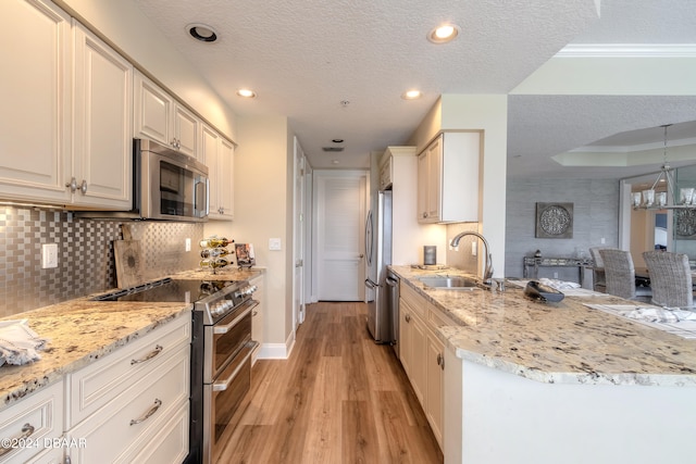 kitchen featuring stainless steel appliances, a textured ceiling, sink, ornamental molding, and light wood-type flooring