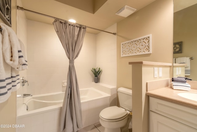 full bathroom with vanity, tile patterned floors, toilet, and shower / tub combo with curtain