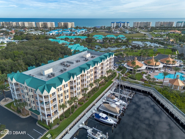 bird's eye view with a water view