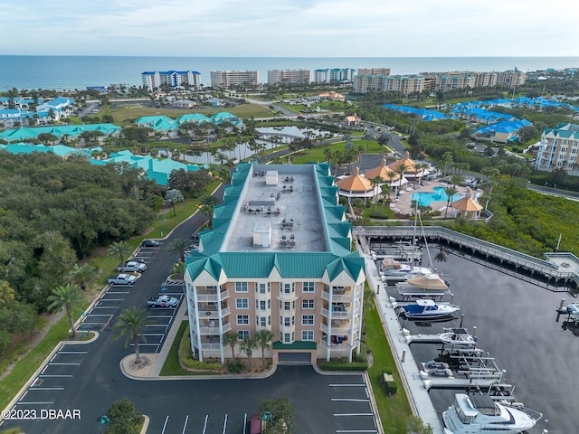 drone / aerial view with a water view