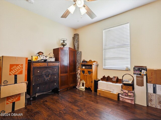 miscellaneous room featuring ceiling fan, a healthy amount of sunlight, and dark hardwood / wood-style flooring