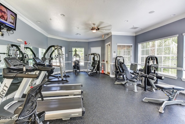 940 Village Trl Unit 2-106, Port Orange, FL 32127 - gym featuring plenty of natural light, ceiling fan, ornamental molding, baseboards, and recessed lighting