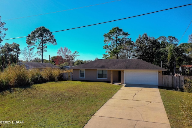 ranch-style home featuring a garage and a front lawn