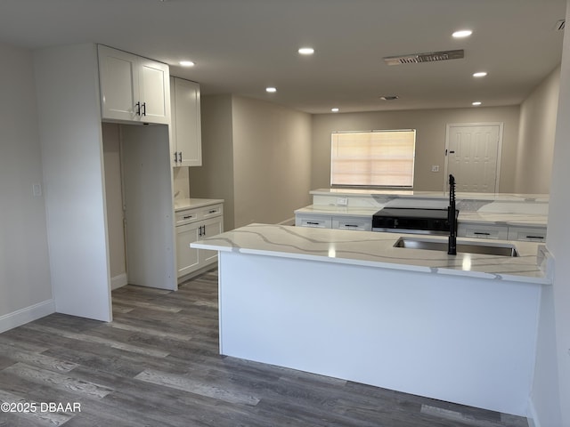 304 Jane Ann St, Port Orange, FL 32127 - kitchen featuring dark wood finished floors, light stone countertops, recessed lighting, white cabinetry, and electric range