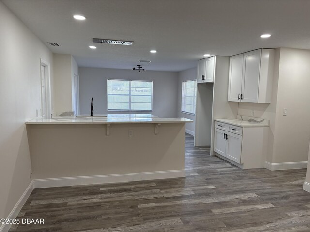 304 Jane Ann St, Port Orange, FL 32127 - kitchen with dark wood-type flooring, white cabinetry, recessed lighting, a peninsula, and light countertops