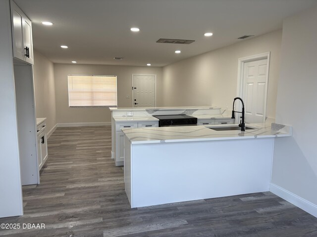 304 Jane Ann St, Port Orange, FL 32127 - kitchen with dark wood-style floors, light stone countertops, a peninsula, recessed lighting, and white cabinets