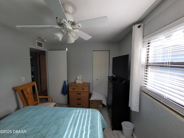 bedroom with ceiling fan and a closet