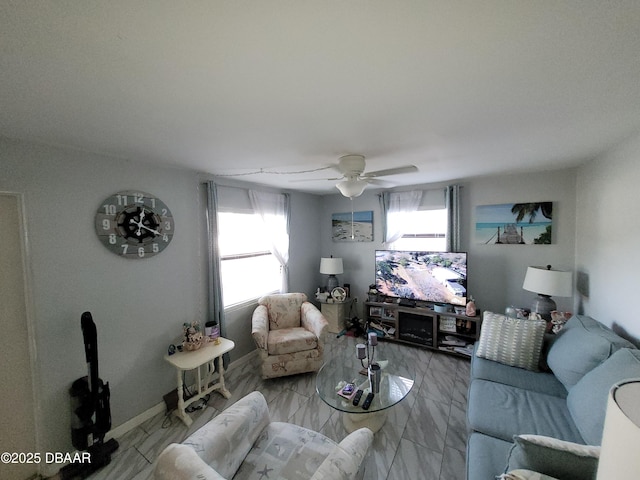 living room with ceiling fan