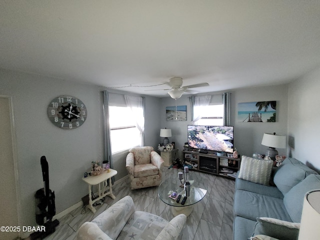 living room with ceiling fan