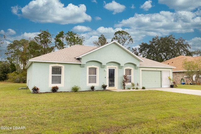 ranch-style house with a garage and a front yard