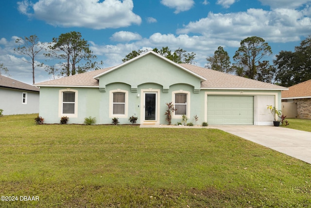 ranch-style home with a garage and a front yard