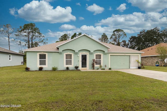 single story home featuring a front lawn and a garage