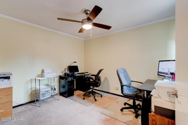 office area featuring carpet flooring, a ceiling fan, and crown molding