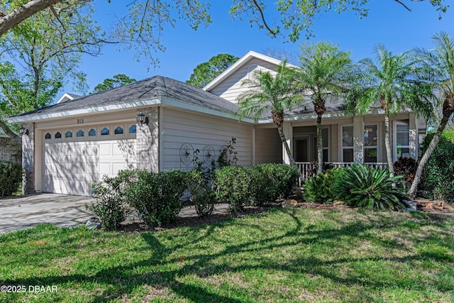 view of property exterior featuring concrete driveway, a lawn, and a garage