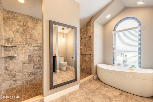 bathroom featuring toilet, lofted ceiling, and plus walk in shower