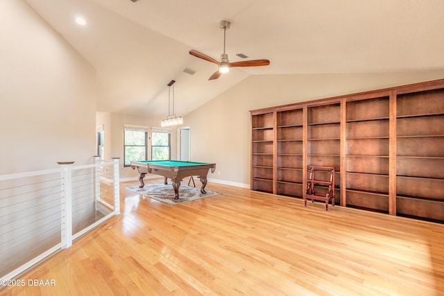 recreation room with light wood-type flooring, vaulted ceiling, ceiling fan, and pool table