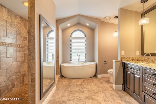 full bathroom with plus walk in shower, vanity, vaulted ceiling, and toilet