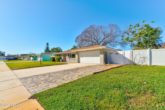 ranch-style house featuring a garage and a front lawn