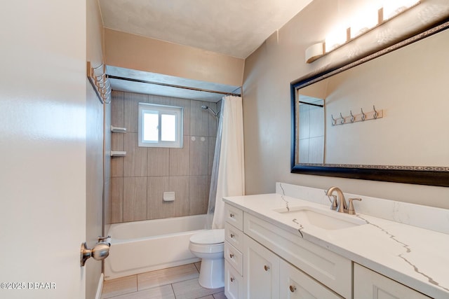 full bathroom featuring shower / bath combination with curtain, vanity, toilet, and tile patterned floors