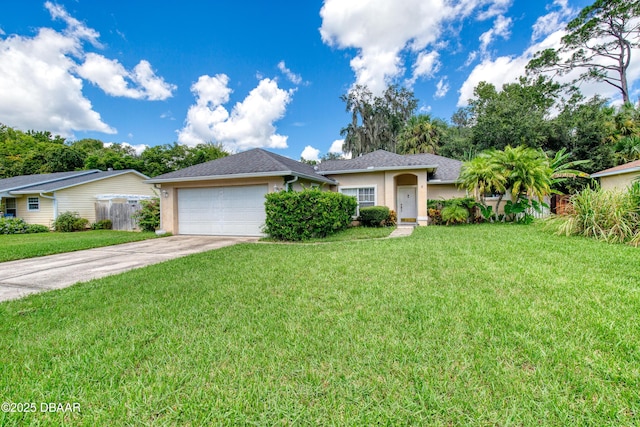 single story home with a garage and a front lawn