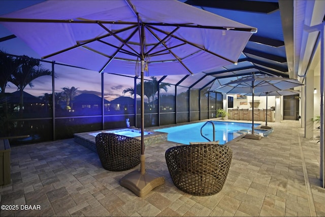 3236 Modena Way, New Smyrna Beach, FL 32168 - pool at dusk featuring a patio, an outdoor pool, an in-ground hot tub, and a lanai
