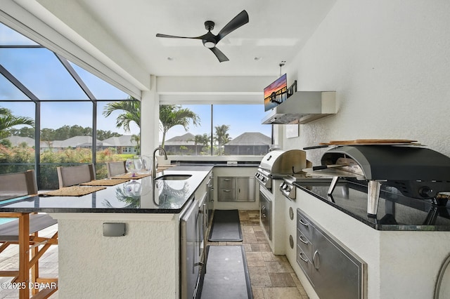 3236 Modena Way, New Smyrna Beach, FL 32168 - view of patio featuring area for grilling, a lanai, a ceiling fan, and a residential view