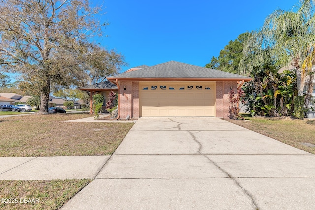 view of front facade with an attached garage, brick siding, driveway, roof with shingles, and a front lawn