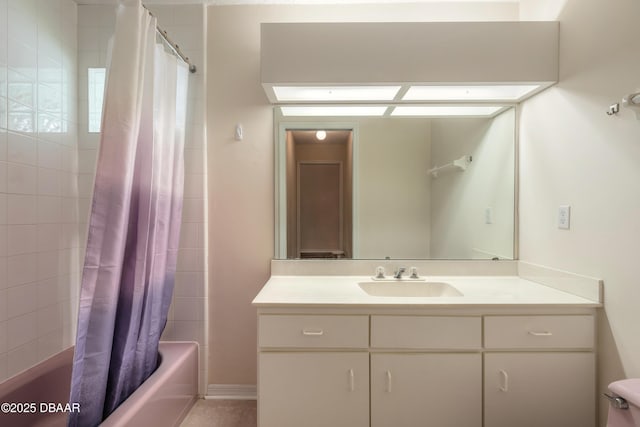 full bath featuring toilet, shower / tub combo with curtain, and vanity