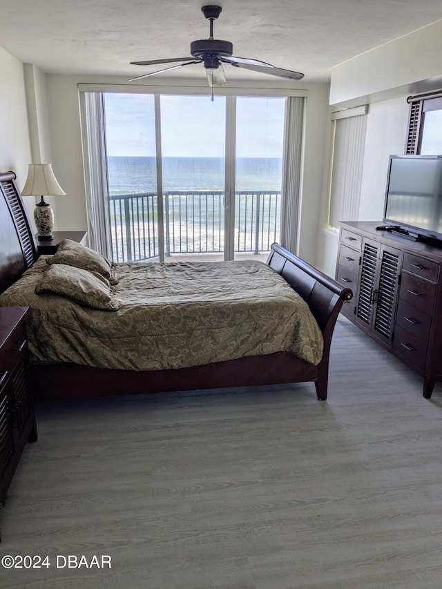 bedroom featuring multiple windows, access to exterior, light hardwood / wood-style floors, and ceiling fan