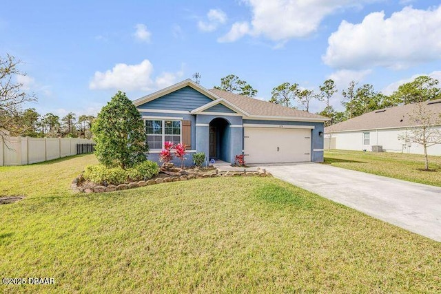 ranch-style home with an attached garage, fence, concrete driveway, stucco siding, and a front lawn