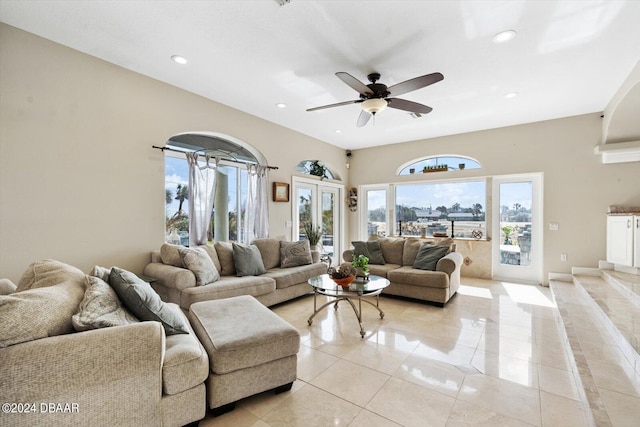 living room featuring ceiling fan