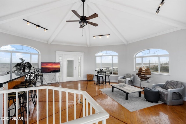 living room with hardwood / wood-style flooring, rail lighting, high vaulted ceiling, and beamed ceiling