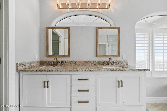 bathroom featuring walk in shower, plenty of natural light, and vanity