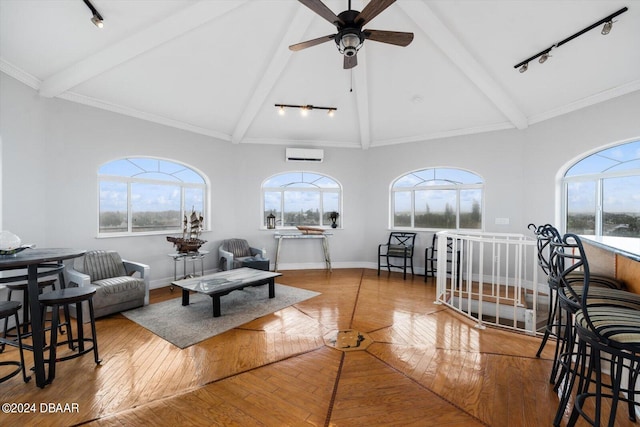 living room featuring beamed ceiling, a healthy amount of sunlight, hardwood / wood-style floors, and high vaulted ceiling