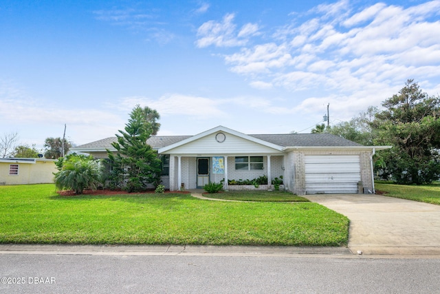 ranch-style home with a garage and a front lawn