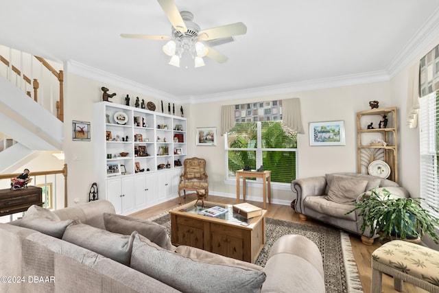 living room with hardwood / wood-style flooring, ceiling fan, and ornamental molding